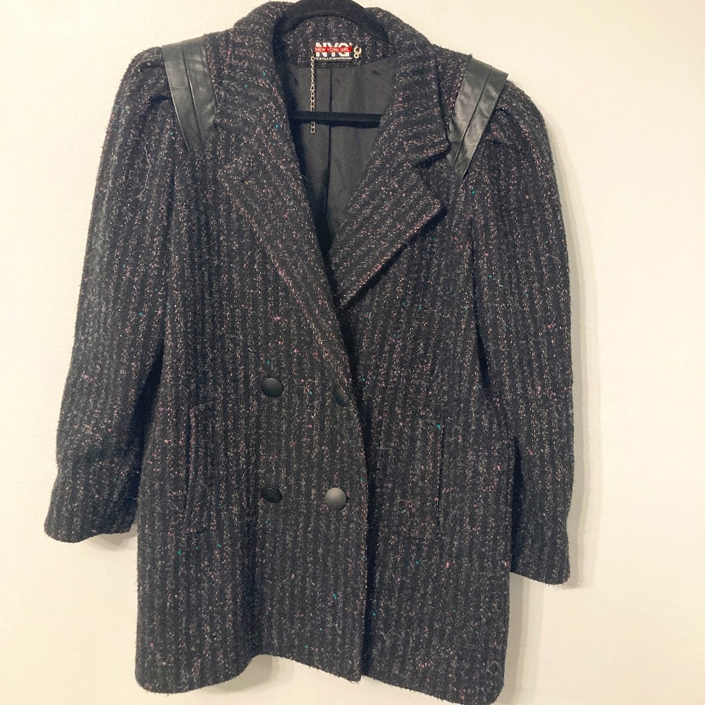 VINTAGE 80s Coat NEW YORK GIRL Size 16 Subtle Pink & Teal w/ Leather Trim Union
